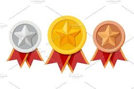 Set Of Medals With Red Ribbons And Red Ribbon Red Star Shape