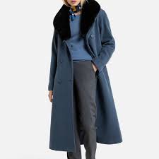 New zara camel suede coat with fur bottom medium. Wool Mix Double Breasted Coat With Faux Fur Collar And Pockets Grey Blue Anne Weyburn La Redoute