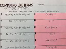 Mrs Newell S Math Algebra 1 Combining Like Terms Matching Activity Solving Algebraic Expressions Solving Equations Solving Equations Activity