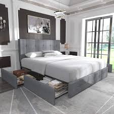 This mecor upholstered linen full platform bed metal frame comes in a classic dark grey color with the headboard featuring square stitching. 31 Mo Finance Allewie Queen Platform Bed Frame With 4 Drawers Abunda