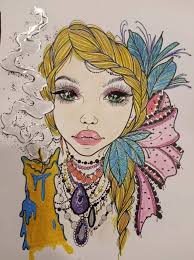 Coloring book page completion using various art supplies