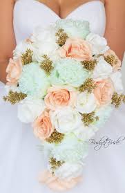 Davids Bridal Mint Green And Gold Bouquet Peach Wedding Colors Bridal Wedding Flowers Wedding Mint Green