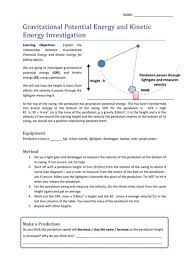 Pendulum Experiment Gravitational Potential Energy Kinetic Energy Gravitational Potential