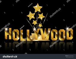 Hollywood Sign Text Movie Party Gold Glitter Star Award Statue Prize Giving Ceremony Golden Stars Prize Concept Silho Movie Party Star Awards Hollywood Sign