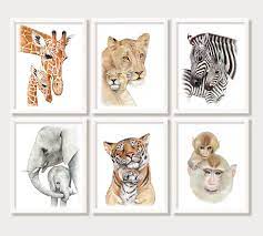 Zoo Safari Animals With Babies Mother And Baby Art Etsy Baby Animal Painting Nursery Paintings Nursery Animal Prints