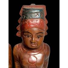 Hand Carved Wooden Statues Asian Style Man Woman Baskets