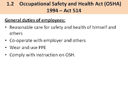 Dalam akta osha 1994 dibahagikan kepada 15 bahagian yang mengandungi 67 seksyen dan 3 jadual semuanya. Occupational Safety And Health Bwu 10302 Chapter 1