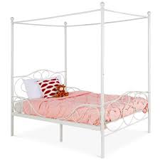 Best Choice Products 4 Post Metal Canopy Twin Bed Frame W Heart Scroll Design 14 Slats Headboard Footboard White Walmart Com Walmart Com