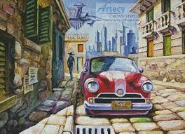 Retro cars cross stitch pattern, nursery cross stitch, old fashioned car embroidery, modern cross stitch for baby, small easy patterns, cute. Artecy Cross Stitch Old Red Car In A Sunny Street Cross Stitch Pattern To Print Online