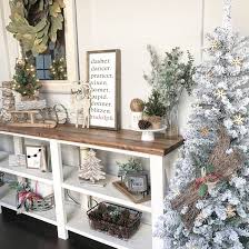 Diy Farmhouse Table Console Table Flocked Christmas Tree Entryway Decor Handmade Reindeer S Side Table Decor Console Table Decorating Christmas Porch Decor
