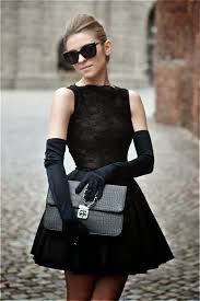 Attractive Black Mini Evening Dress With Long Gloves Glasses And Fashionable Handbag Little Black Dress Fashion Evening Mini Dresses