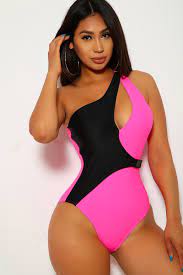Neon Pink Black One Shoulder One Piece Swimsuit One Piece Swimsuits One Piece Swimsuit