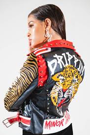 Azalea Wang Animal Print Graffiti Text Studded Belted Faux Leather Moto Jacket In Black Zebra