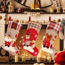 Each mesh stocking is 10 inches and is filled with assorted christmas candy. Amazon Com Yashell Christmas Stockings 18 Set Of 3 Santa Santa Snowman Reindeer 3d Plush For Xmas Home Decor Stuffed Christmas Tree Hanging Toys Candy Gift Bag Christmas Decorations And Party Accessory