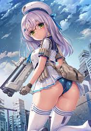 umitonakai, neon (nikke), goddess of victory: nikke, commentary request,  highres, 1girl, ammunition, ass, bag, beret, blue neckerchief, blue  panties, blue sailor collar, blue sky, boots, breasts, brown gloves,  building, bullpup, closed mouth,