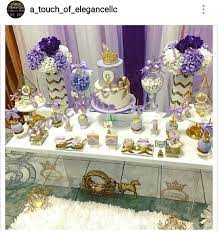 Purple Gold And White Baby Shower Dessert Table And Decor Girl Baby Shower Decorations Baby Shower Dessert Table White Baby Showers