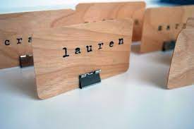 Folded cards means twice the space, and twice the fun! Wooden Placecards Diy Place Cards Wedding Card Holder Diy Wedding Card Holder