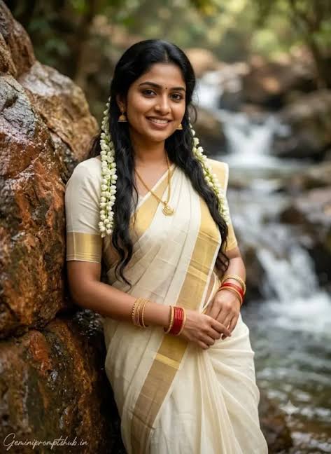 Waterfall Kasavu Saree Portrait