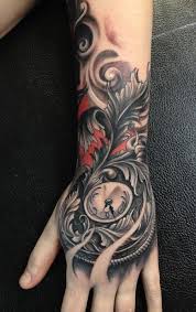 Black And Grey Hand Tattoos For Men Hand Tattoo Black Grey Red Time Calligraphy With Images Hand Tattoos For Guys