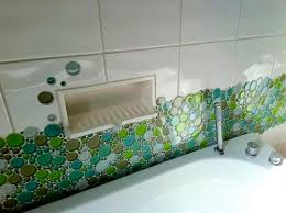 A unique backsplash displays honed white tile s with gold trim. Indoor Mosaic Tile Bubble Everstone Kitchen Wall Glass