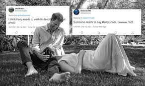During a royal engagement in liverpool in 2019, when meghan was pregnant with archie, harry asked someone in the crowd how she spelt her daughter's. Prince Harry And Meghan Pregnancy Picture Backlash As Duke Mocked For Bare Feet Ewww Royal News Express Co Uk