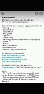 Jun 10, 2021 · aparatur sipil negara (asn) kabupaten penajam paser utara, kalimantan timur, wajib melakukan absensi secara virtual sebagai bentuk laporan kerja. Lowongan Kerja Pt Feng Tay Indonesia Enterprises Info Loker Bdg Informasi Lowongan Kerja Bandung