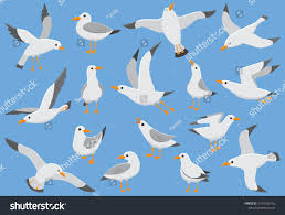 Birds Flying In The Sky Cartoon Atlantic Seabird Fly At Sky Beach Seagull At Quay Sea Birds Cute Gull On Blue Background Cartoon Isolated Vec Seagull Illustration Cartoons Vector Sea Birds