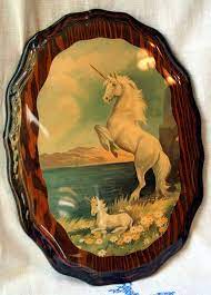 Vintage Lacquered Unicorn Plaque Wooden Wall Hanging 1970s Picture Oval Horse Wooden Wall Hangings Wall Hanging Unicorn