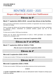 Horaires Rentree 2020 2021 College Henri Iv