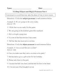 Circling Subject And Object Pronouns Worksheet Part 1 Nouns And Pronouns Pronoun Worksheets Grammar Worksheets