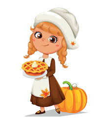 Happy Thanksgiving Day. Cute little pilgrim girl cartoon character holding  sweet pie. 12581943 Vector Art at Vecteezy