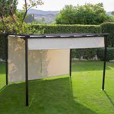 10 Ft X 12 Ft Dark Brown Steel Metal Pergola Outdoor Gazebo With Retractable Ivory Shade Canopy Outdoor Gaze Pergola Exterior Patio Pergola Planos De Pergola