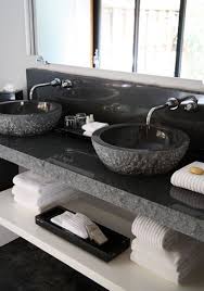 Maybe you would like to learn more about one of these? Modern Bathroom Design With Gorgeous Black Granite Vanity A Pair Of Carved Black Granite Vessel Si Modern Bathroom Design Trendy Bathroom Bathroom Countertops