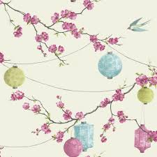 Chinese Garden Blossom Pattern Wallpaper Floral Bird Lantern Motif 695400 Floral Wallpaper Bird Wallpaper Oriental Wallpaper