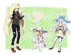 koutetsu (fe steel stone), gladion (pokemon), lillie (pokemon), lusamine ( pokemon), nihilego, creatures (company), game freak, nintendo, pokemon,  pokemon sm, white legwear, bad id, bad pixiv id, 1boy, 2girls, blonde hair,  blush, braid,