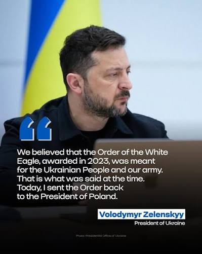 President of Ukraine Volodymyr Zelenskyy has returned the Order of the White Eagle after Polish President Karol Nawrocki announced his decision to revoke the distinction. “Yesterday, the President of Poland noted that