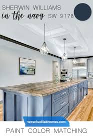 The blue color on the kitchen cabinets: Sherwin Williams Paint Color Matching In The Navy Painted Kitchen Cabinets Colors Lake House Kitchen Kitchen Cabinet Colors