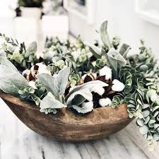 Best Gift Ever Vintage Dough Bowl And Cotton Stem Balls From My Mil Added A Few Stems Of Faux Lambs Ear And Dough Bowl Dough Bowl Centerpiece Cotton Stems