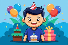 Seorang anak riang merayakan ulang tahunnya dengan kue, hadiah, dan balon  warna-warni di sekelilingnya Selamat ulang tahun Ilustrasi Kartun yang  Dapat Disesuaikan