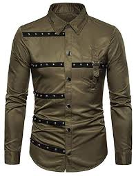 Kljr Men Loose Button Up Gothic Long Sleeve Patchwork Rivet Dress Shirts