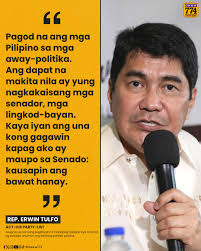 Tiniyak ni ACT-CIS Party-list Rep. Erwin Tulfo na hindi niya titingnan ang  partido o kinaanibang panig ng pulitika ng mga senador na makakatrabaho  niya pag-upo niya sa Senado. Mensahe ito ni Tulfo