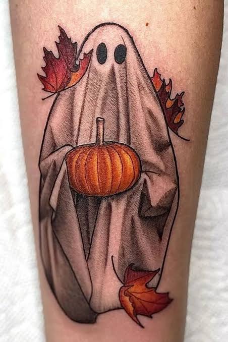 Spooky & Sweet: Adorable Halloween Ghost Tattoo with Autumn Vibes | Halloween tattoos sleeve, Inspiration tattoo,