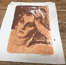Suzanne Simon Print Lithograph Silk Screen Brown Orange Portrait Woman Face  Head