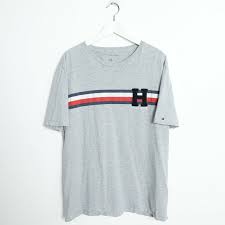 Vintage Tommy Hilfiger Front Stripe Small Logo T Shirt Grey Xl