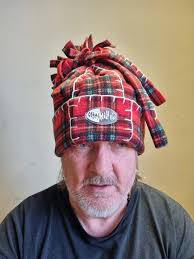 Original off My Head Hat Tartan Fleece Hat With Blanket Stitch Detail  Double Fleece- Fleece Tie Yop Hat-off My Head Hats