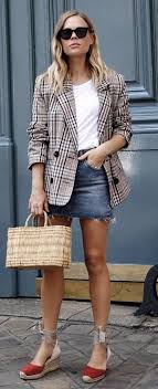 Black And White Plaid Blazer And Skirt What To Wear With A Denim Skirt Plaid Blazer Plus White Top Plus Bag Plus Sandals Skirt Outfits Summer Mini Skirt Outfit Night Fashion