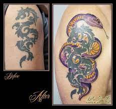 Brightened Up Tony S Old Tattoo With A Snake Tattoos Old Tattoos Shoulder Tattoo