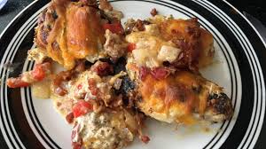 Cover each breast with a strip of bacon, then provolone cheese, then some sautéed onions and mushrooms. Cook With Me Four Cheese Bacon Stuffed Smothered Chicken Casserole Newrecipe Cookingvideo Dotk Youtube
