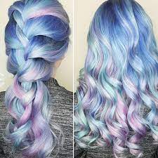 Unicorn Hair Color With Bountiful Curls And Braid By Pamelapaynehairart Hotforbeauty Bluehair Pinkha Unicorn Hair Color Pink Hair Dye Unicorn Hair