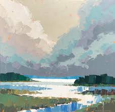 Landscape painting, the depiction of natural scenery in art. Paul Norwood Distant Blue Shore Impasto Abstract Landscape Painting In Blue Green Gray For Sale At 1stdibs